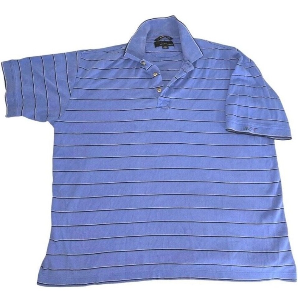 Greg Norman Mens Golf Polo Shirt Size Large Casual Lightweight Striped Blue Logo